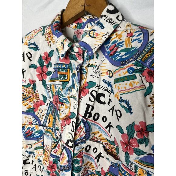 Camp Shirt Hawaii Vacay Scrap Book Travel Print Button Up Size M Vintage 1980s - Picture 4 of 10